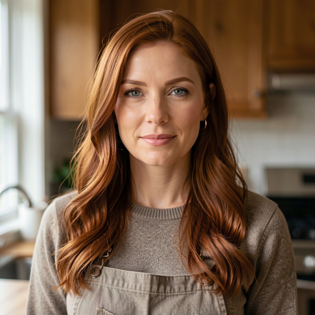 Editorial portrait of a woman with long auburn hair in natural window light, photographed in a kitchen setting with wooden surfaces visible in background